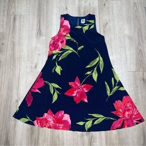 Anne Klein Size 6 Navy Dress w/Pink & Green Floral Design Midi Length